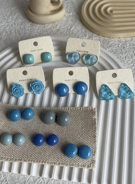 原创《希腊的蓝》ins韩系博主蓝色克莱因蓝多巴胺圆形925纯银耳钉