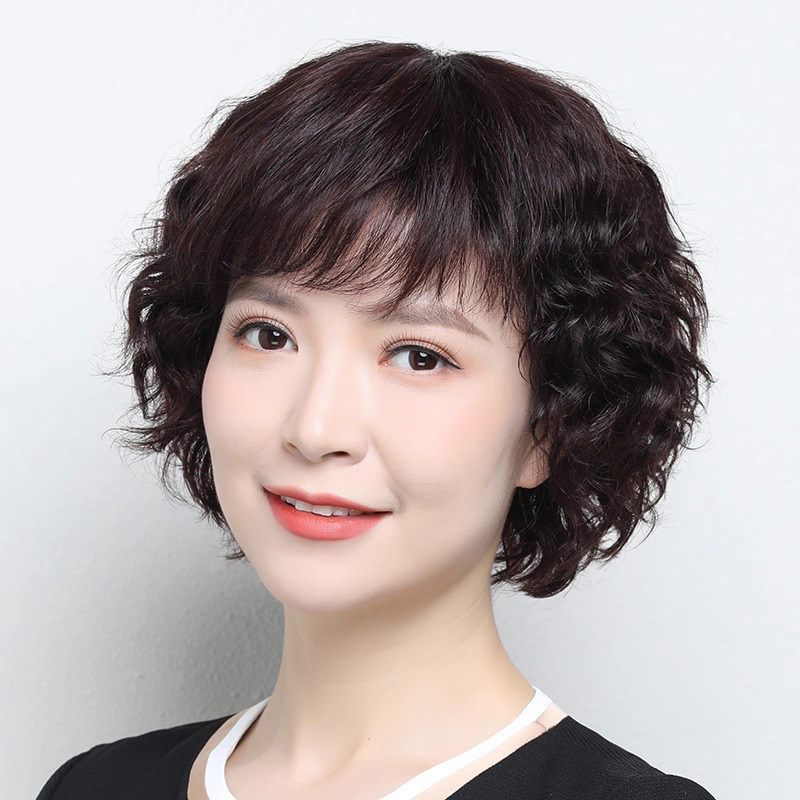 假发女中老年女士妈妈真发全真人发化疗光头时尚薄款短卷发全头套