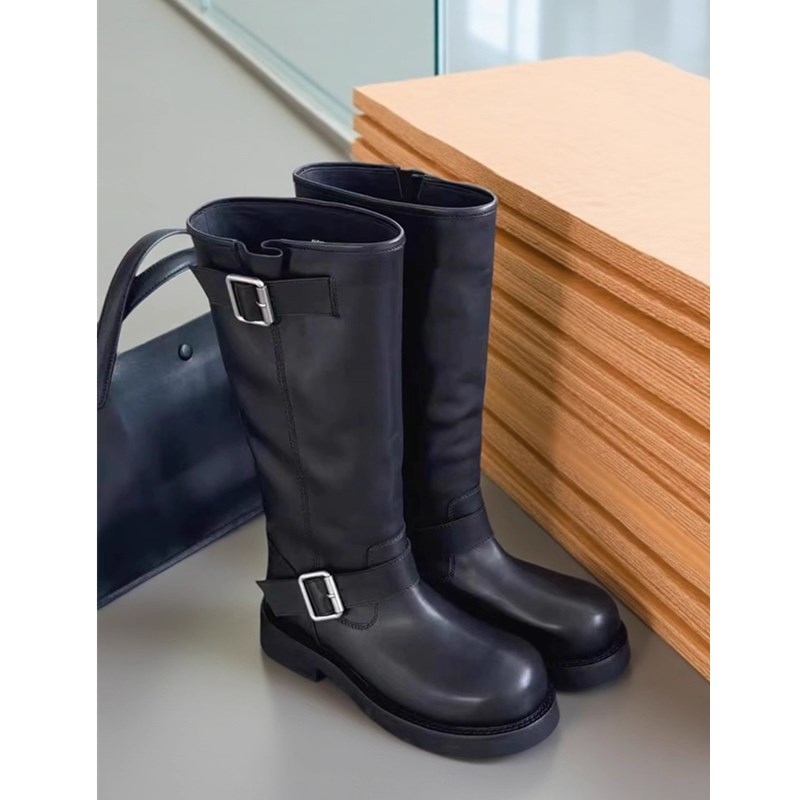 欧洲站2025秋冬真皮金属扣长靴