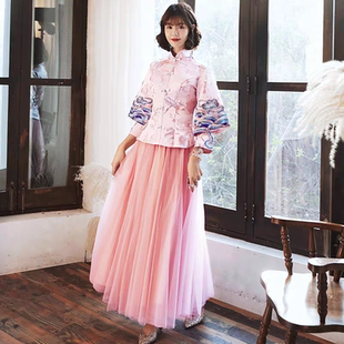 新中式姐妹团伴娘服秋冬季复古风七分袖长裙女显瘦古风乐器演出服