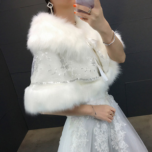 秋冬新娘结婚婚纱毛披肩礼服加厚保暖棉披风伴娘白色大码斗篷