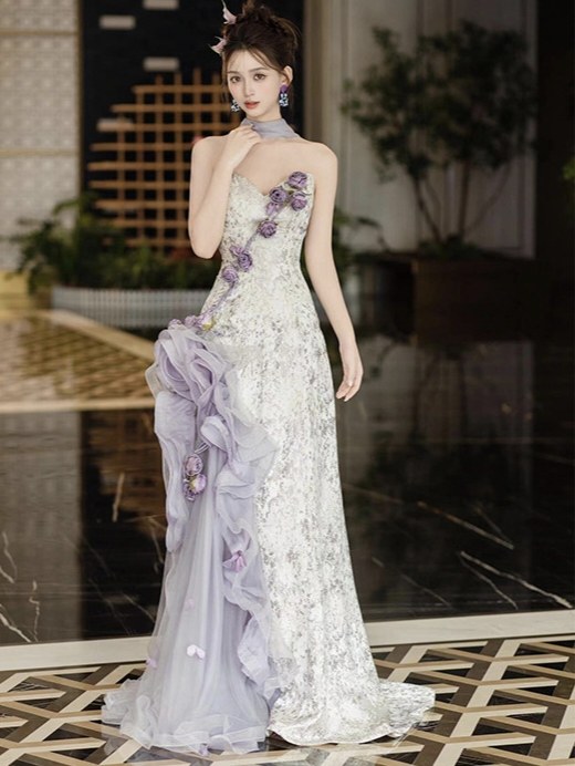 紫色抹胸礼服晨袍超仙设计婚纱新娘订婚结婚敬酒服年会主持人可穿