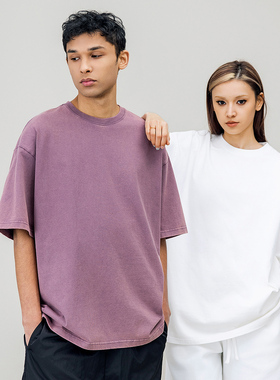 水洗做旧纯色圆领短袖T恤男2025夏季新款宽松休闲情侣上衣女