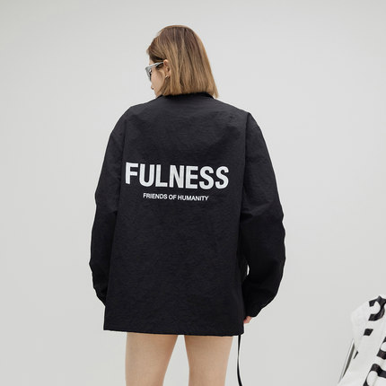 ONE PASS 潮牌字母印花教练夹克女春季新款宽松情侣休闲开衫外套