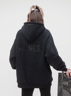 ONE PASS 380g重磅胶印字母插肩袖连帽加绒卫衣女春季新款帽衫