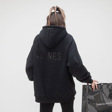 ONE PASS 380g重磅胶印字母插肩袖连帽加绒卫衣女春季新款帽衫