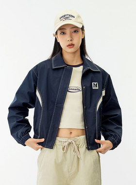 春季新款美式复古休闲宽松翻领夹克女情侣装短款外套