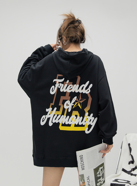 ONE PASS 街头潮牌字母印花连帽卫衣女2025春季新款宽松情侣上衣