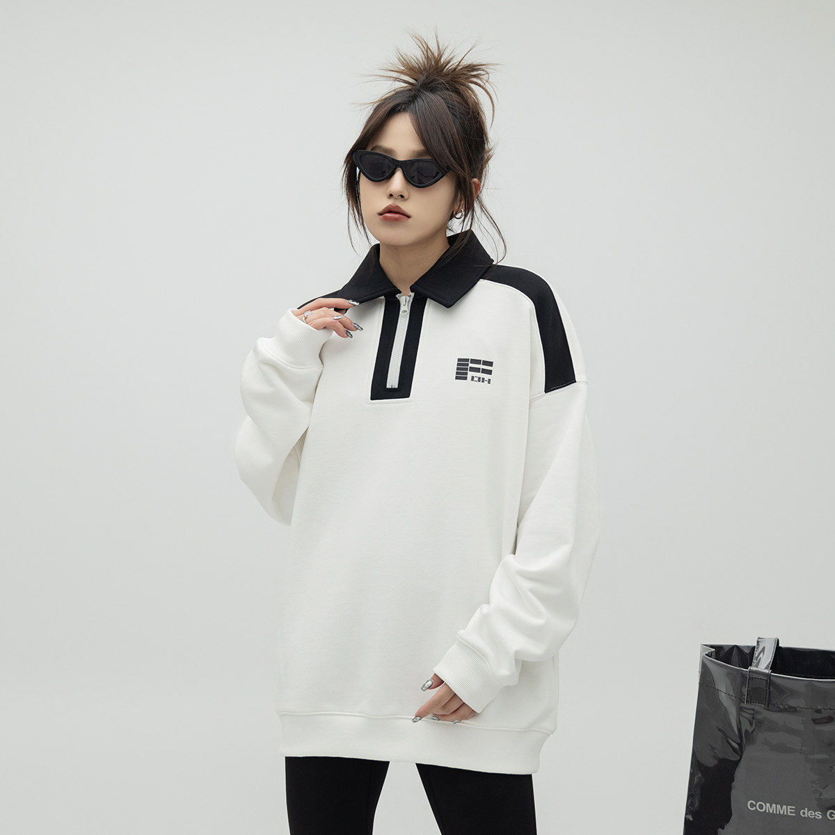 拼接翻领卫衣POLO衫上衣女图片