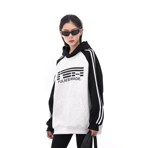 美式潮牌条纹连帽卫衣男女