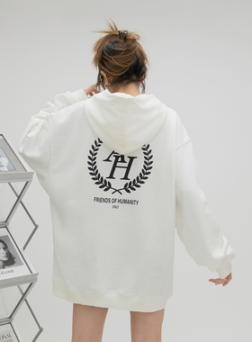 ONE PASS 街头潮牌字母印花连帽卫衣女春季新款情侣宽松休闲上衣