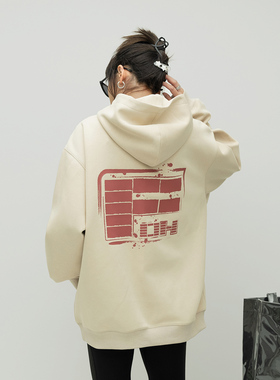 ONE PASS 街头潮牌磨损字母印花连帽卫衣女春季新款宽松情侣上衣