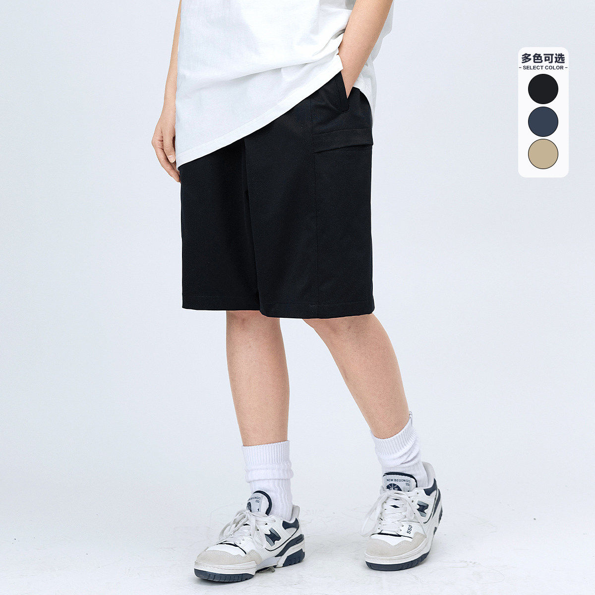 2026夏季日系复古松紧腰直筒短裤女休闲百搭工装五分裤男图片