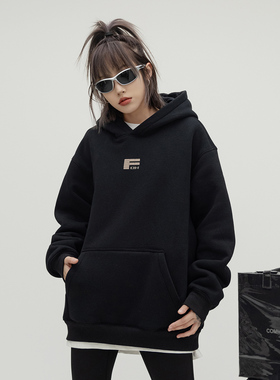 ONE PASS 450g重磅发泡字母加绒连帽卫衣女春季新款情侣宽松上衣