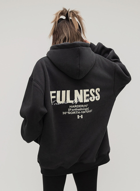 ONE PASS 380g重磅刺绣字母加绒连帽卫衣女春季潮牌新款宽松帽衫