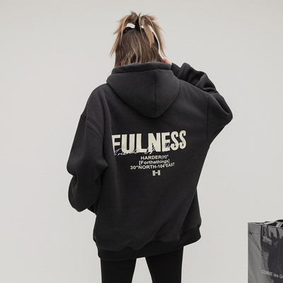 ONE PASS 380g重磅刺绣字母加绒连帽卫衣女春季潮牌新款宽松帽衫