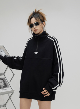 ONE PASS 街头潮牌字母印花半拉领立领卫衣女春季情侣宽松外套