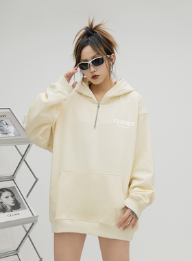 ONE PASS 厚板字母印花半拉链开衫连帽卫衣女春季情侣宽松上衣