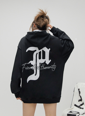 ONE PASS 街头潮牌字母印花连帽卫衣女2025春季新款情侣宽松上衣