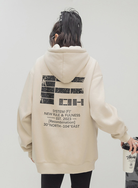 ONE PASS 380g重磅磨损字母印花加绒连帽卫衣女春季新款宽松帽衫