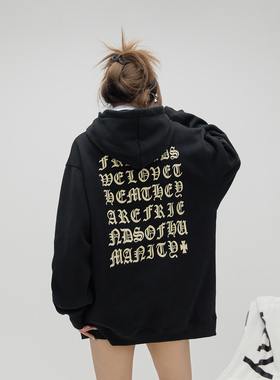 ONE PASS 380g重磅满印字母连帽加绒卫衣女春季新款宽松休闲帽衫
