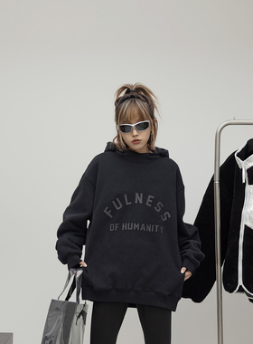 ONE PASS 380g重磅压胶字母连帽加绒卫衣女春季胶标设计宽松帽衫