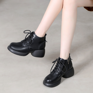 粗跟配裙子休闲单鞋 新款 增高百搭短靴女 2025秋冬季 厚底马丁靴女款