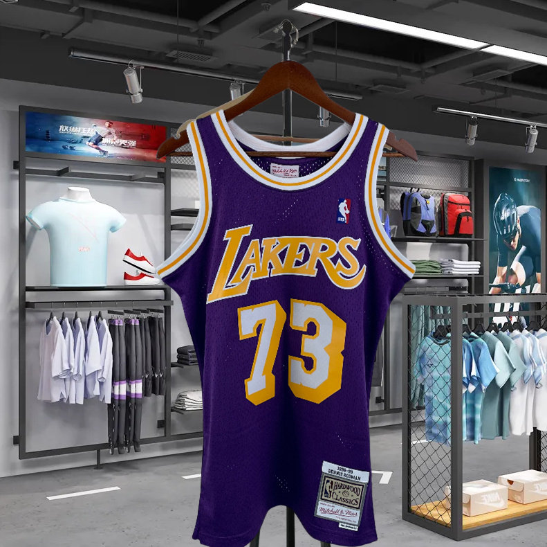 美版 sw 湖人 98/99赛季 73号 罗德曼球衣 热压复古篮球服 圆领黄