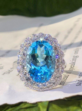 9克拉天然托帕石套装S925纯银鸽子蛋戒指豪华蓝色宝石吊坠女项链