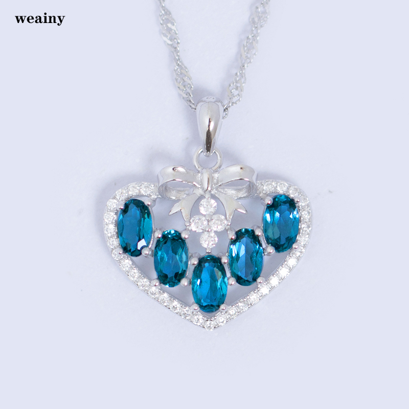 心形吊坠天然伦敦蓝托帕石项链纯银群镶蓝宝石既视感情人节礼物女