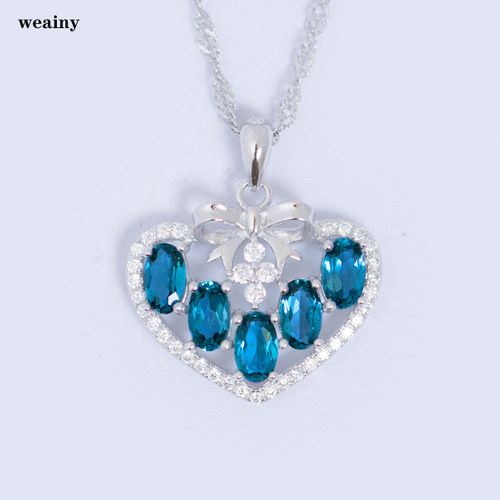 心形吊坠天然伦敦蓝托帕石项链纯银群镶蓝宝石既视感情人节礼物女