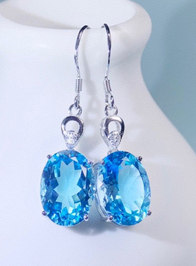 18克拉天然托帕石耳坠S925纯银耳饰瑞士蓝色耳钉海蓝宝石色耳环女