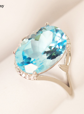 原创设计竹节戒指9克拉天然天空蓝托帕石纯银镀金指环活口简约女