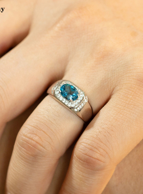 天然托帕石戒指伦敦蓝色指环纯银镀金男戒活口带证书老公礼物简约