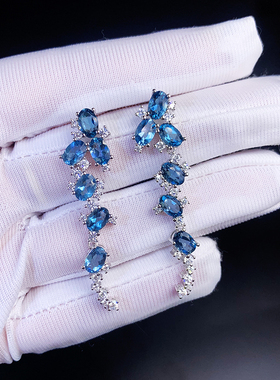 天然托帕石耳坠S925纯银伦敦蓝色耳钉瑞士蓝群镶耳饰透辉石耳环女