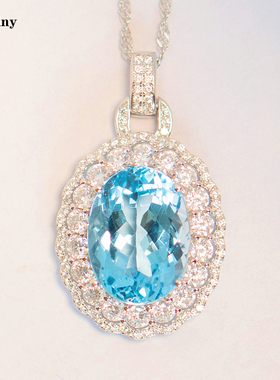 豪华项链12克拉天然托帕石吊坠纯银镀金海蓝宝石色送老婆礼物证书