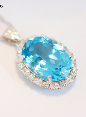 天然海蓝宝石色的瑞士蓝托帕石吊坠纯银镀金不过敏项链节日送礼物