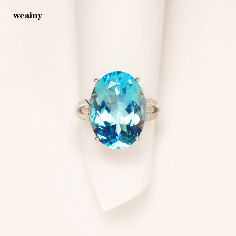 16克拉超大鸽子蛋天然托帕石戒指S925纯银镀金瑞士蓝指环简约高档
