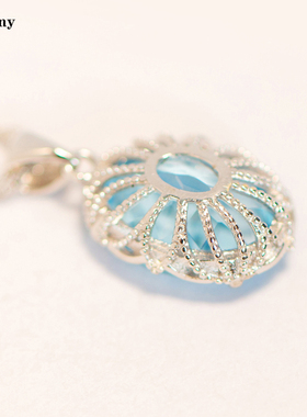 浪漫蕾丝款天然托帕石吊坠S925纯银镀金项坠海蓝宝石色项链女证书