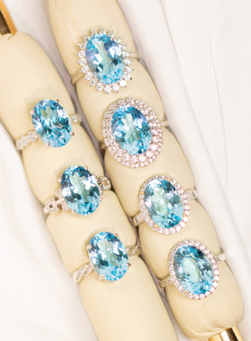 9克拉天然托帕石戒指925纯银镀金小鸽子蛋瑞士蓝色宝石女戒子简约