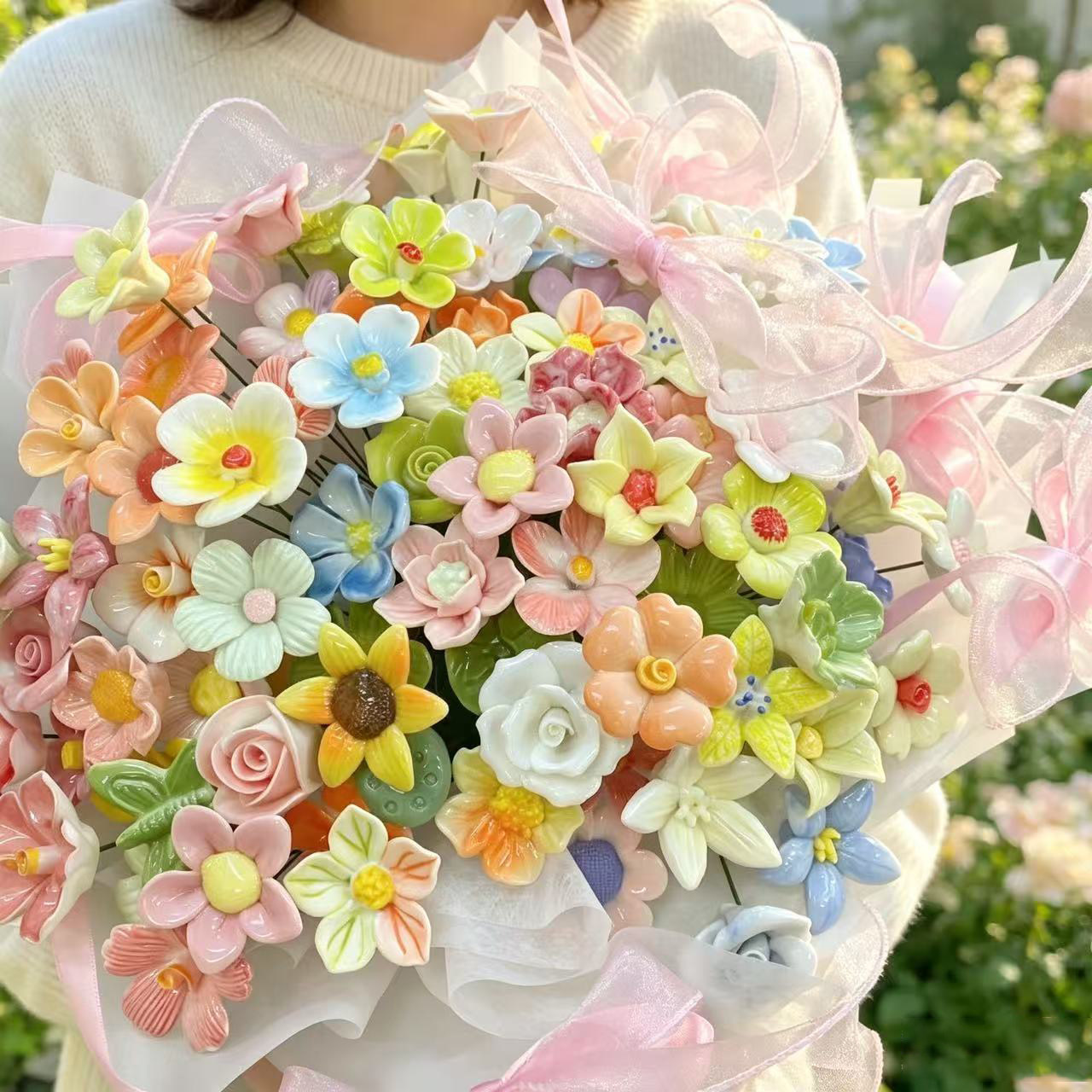 景德镇高温手工陶瓷花朵仿真花花瓶永生花花束装饰摆件送女友礼物