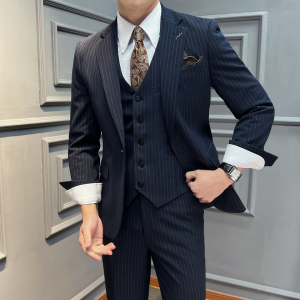 真袖叉 一粒扣 条纹西装男套装商务结婚三件套 黑色 SJT2501-P280图片