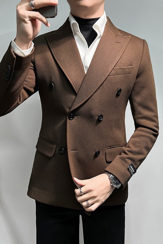 2025新款男士华夫格双排扣休闲西装咖啡色外套DX6614-P155,男装西服,星座197