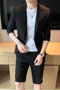 2024 夏装质感松紧短裤西装潮七分袖黑色西服男套装LJT2204-P200图片