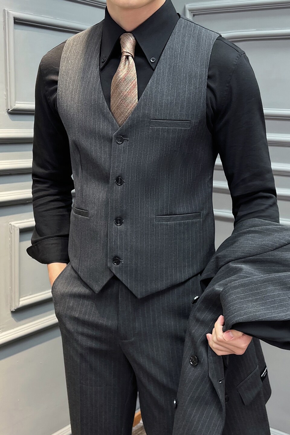 高品质条纹马甲男通勤职业婚礼马夹灰色单件马甲MJ2501-P60,男装背心/马甲,星座197