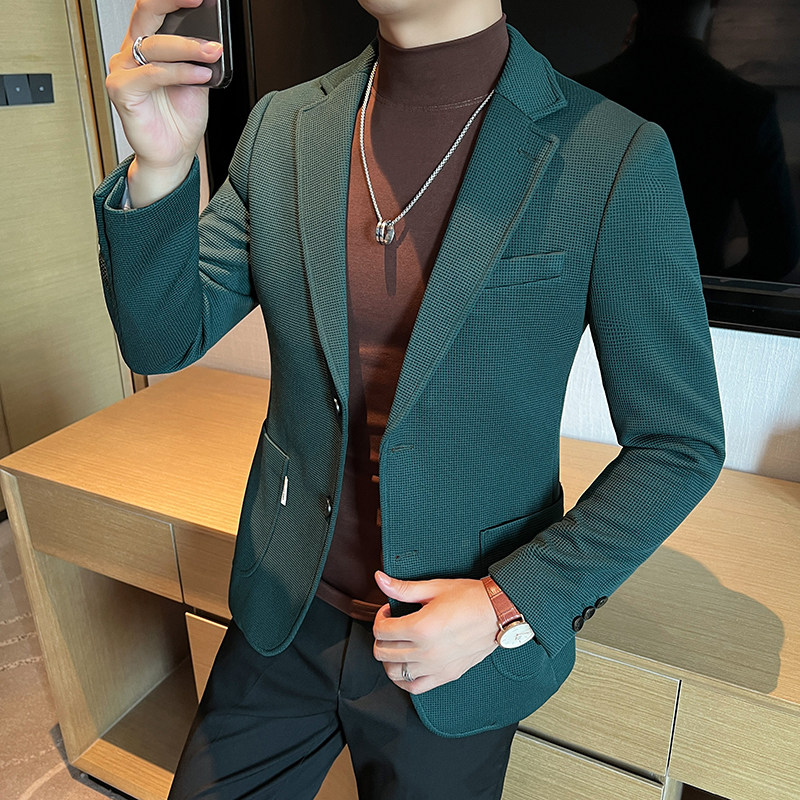 2025春秋新款华夫格西装男士格子西服咖啡色外套DX6613-P155,男装西服套装,星座197