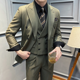真袖叉双排扣纯色西装男套装商务结婚三件套橄榄绿SJT5502-P280，男装西服套装，星座197