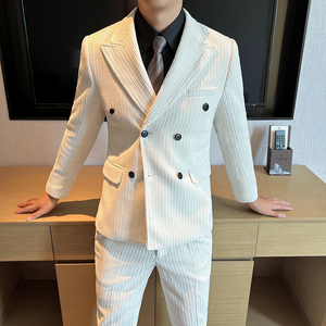 高品质 雪尼尔西装男套装双排扣修身小西服咖啡外套LJT2405-P230图片