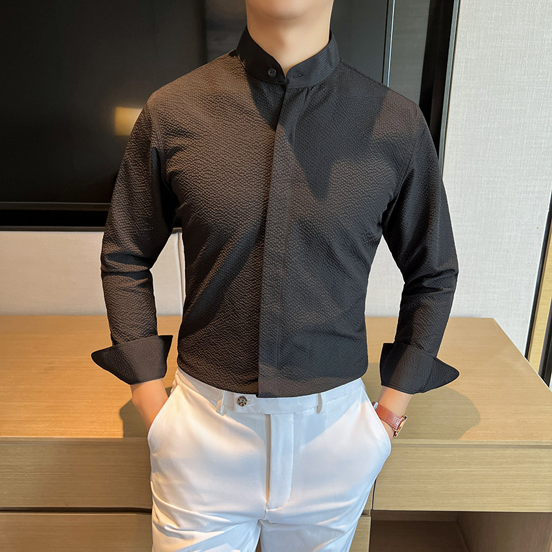 2025春夏新款定制面料泡泡纱新中式立领暗扣杏色衬衫CS651-P75,男装衬衫,星座197