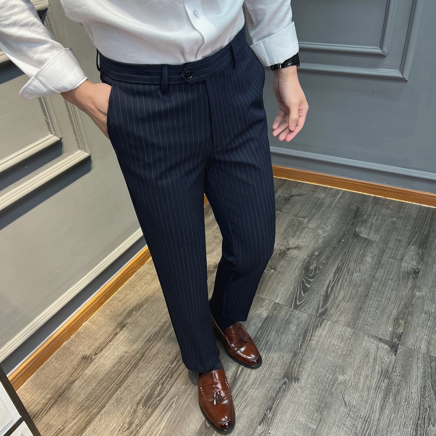 秋冬条纹商务职业通勤上班西装裤休闲西裤长裤子藏青色XK2501-P70，男装西服套装，星座197